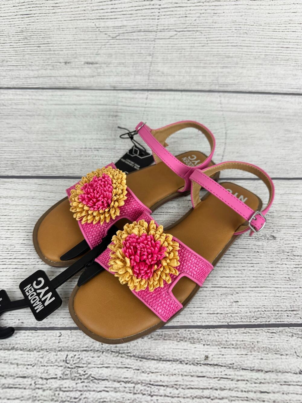 Madden NYC Girl's Tan & Pink Flower Buckle Sandals Size 4
